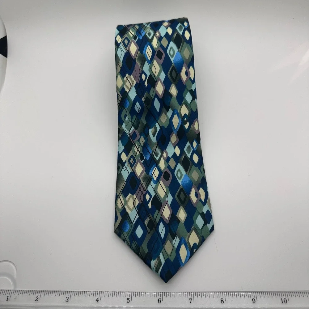 J. Garcia Necktie Geometric Diamond Pattern Blue Green Silk‎ Blend